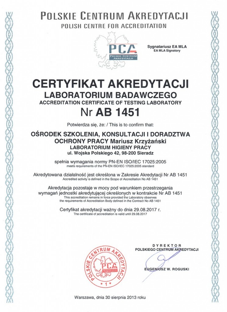 Certyfikat Akredytacji PCA